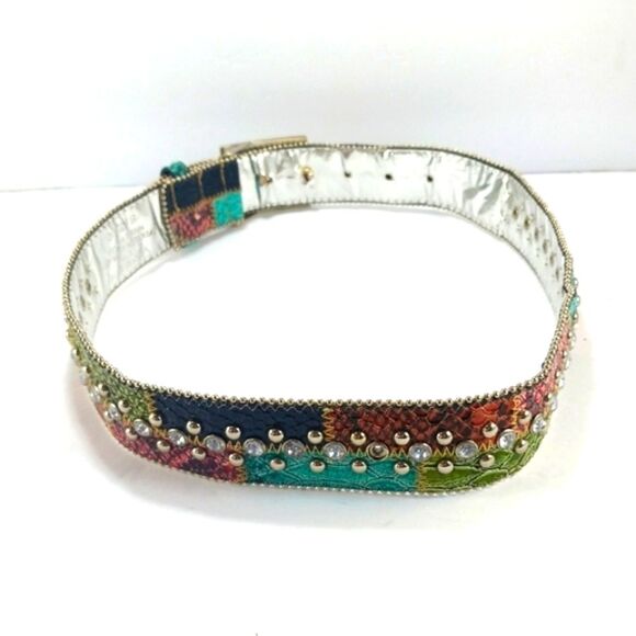 Guess Vibrant Mock Snakeskin Reptile Studded Beaded Belt Silver Buckle Size XS.. - Picture 7 of 14